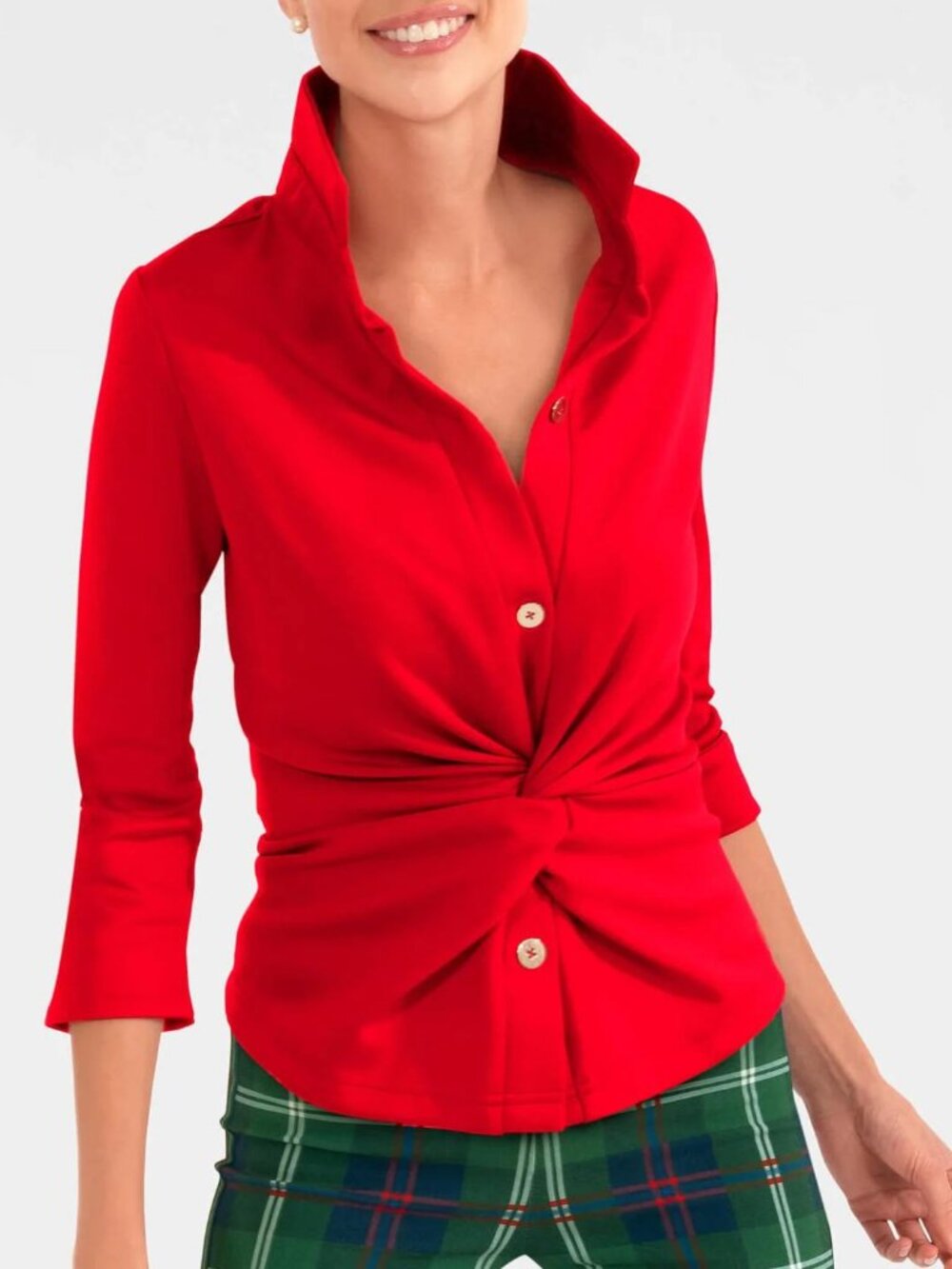 Gretchen Scott Twist & Shout top red stretch jersey button-up blouse ruched